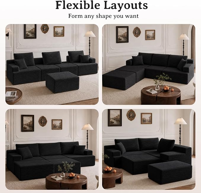 103" Modular Sectional Sofa, Comfort U Shaped Boneless Couch for Living Room, Extra Deep Seats No Assembly, Corduroy (Black, 3 Seater + 2 Ottomans）