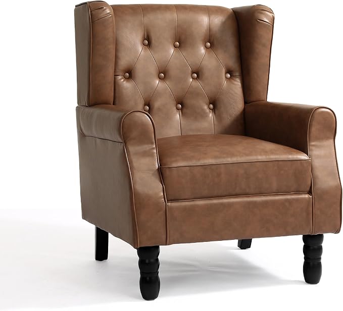 High Back Accent Chair, PU Leather Upholstered Armchair Wingback Chair for Living Room, Comfy Single Sofa Bedroom Reading Seat with Solid Wood Legs, Brown