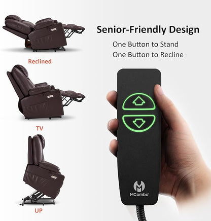 MCombo Power Lift Recliner Chair for Elderly R7042(Dark Brown, Small-Wide) | Heat and Massage, Breathable Faux Leather, USB& Type C Charging Port, FSC Certified