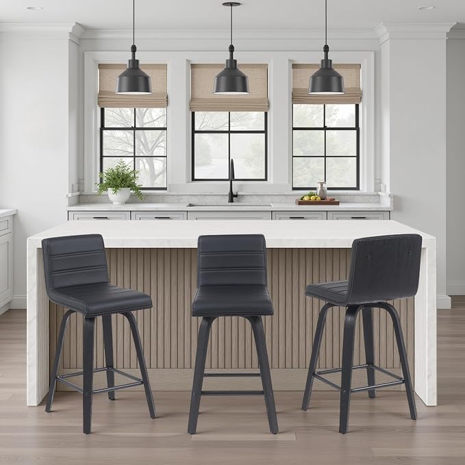 Vienna Modern Counter Height Swivel Bar Stool with Black Faux Leather Seat and Black Brushed Wood Frame Set of 3