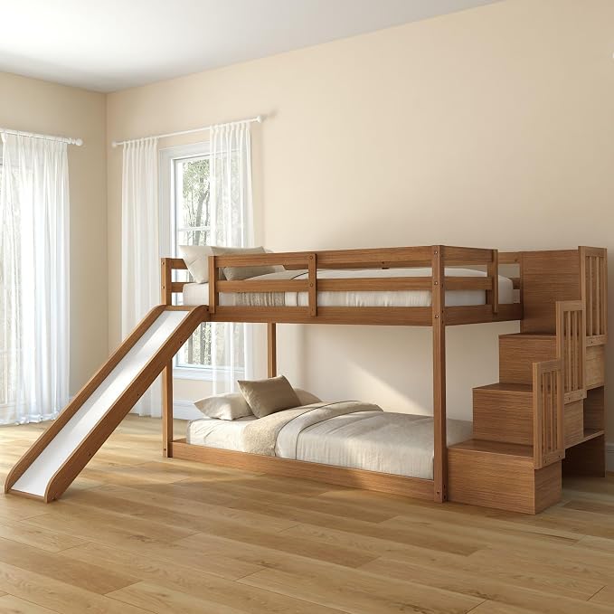 Grain & Grove Bear Twin Over Twin Bunk Bed with Slide and Staircase, Low Bunk Bed Frame for Kids, Bunk with Ladder, Guardrail, and Slats, No Box Spring Required, Oak Embossed Pecan