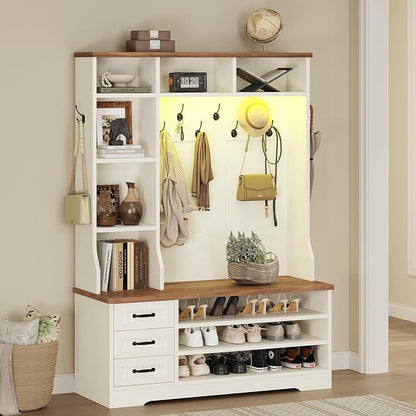 TVU Storage Hall Tree with Bench & 3 Drawers, 22-in-1 Coat Rack With 9 Coat Hooks, Farmhouse Entryway Bench With 9 Open Shelves for Hallway, Entryway (Hall Tree)