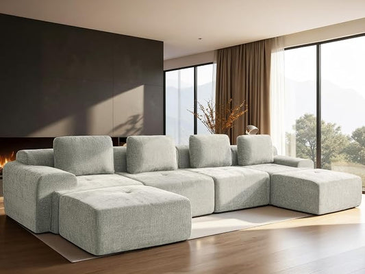 159" U-Shaped Modular Sectional Sofa, Oversized Boneless Cloud Couch for Living Room with Extra Deep Seat & High Back, Tool-Free No Assembly, Soft Chenille (Light Grey, 159 inch-U Shaped（4+2）)