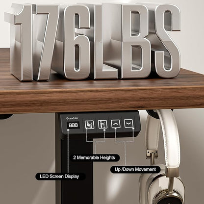 Grandder 47x32 Large Electric Standing Desk, Height Adjustable Computer Desk with 2 Memory Presets, 31.5" Deep Desktop Sit Stand Desk Home Office Desk Workstation Table with Hooks, Walnut