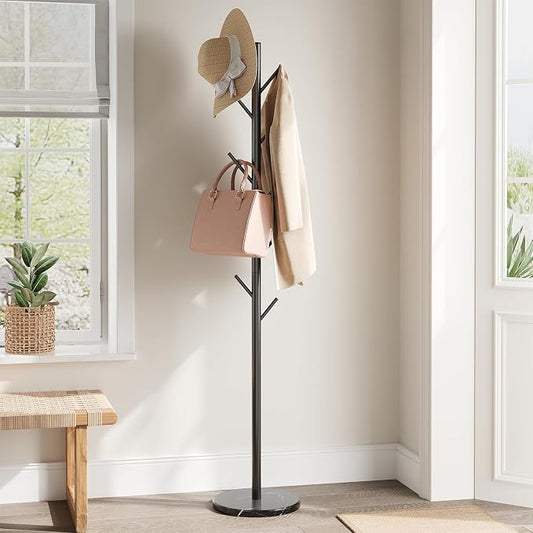 ELYKEN Coat Rack Freestanding, Metal Coat Rack with Natural Marble Base | 10 Hooks, 3 Adjustable Heights, Heavy Duty Coat Tree for Entryway, Hallway, Bedroom, Office, Black