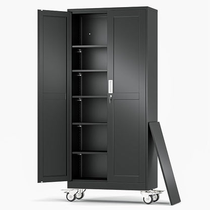 Metal Garage Storage Cabinet, 75”Tall Rolling Utility Cabinet Black | storage system with Wheels, Lock, 5 Adjustable Shelves, Heavy Duty Steel Tool Locker for Home Office, Utility Room, Gym