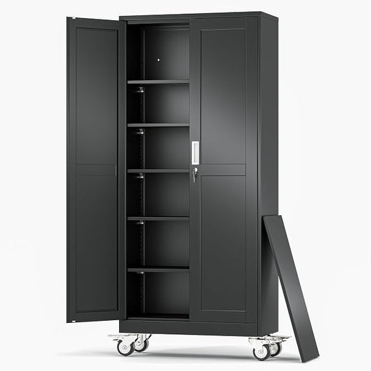 Metal Garage Storage Cabinet, 75”Tall Rolling Utility Cabinet Black | storage system with Wheels, Lock, 5 Adjustable Shelves, Heavy Duty Steel Tool Locker for Home Office, Utility Room, Gym