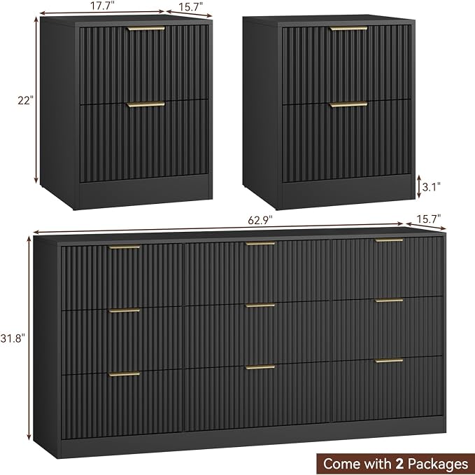 9 Drawer Dresser & Nightstand Set 3-Piece, 63” Wide Fluted Bedroom Dresser Set Night Stand Set of 2 with Metal Handle, Modern Wood Chest of Drawers Storage Dressers Set for Bedroom, Black