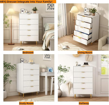 White Fluted 48" Tall Dresser for Bedroom with 5 Drawers and Gold Handle, 30 inch Wide Chest of Drawers Modern Dresser, Wooden Side Table Storage Dressers Organizer for Living Room