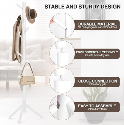 WANGMUXIA 2 PCS Coat Rack, Freestanding Coat Rack with 8 Hooks and 3 Adjustable Size Tree Coat Racks for Bedroom, Hallway, Entrance, Office, for Hats, Coats, Scarves, Handbags