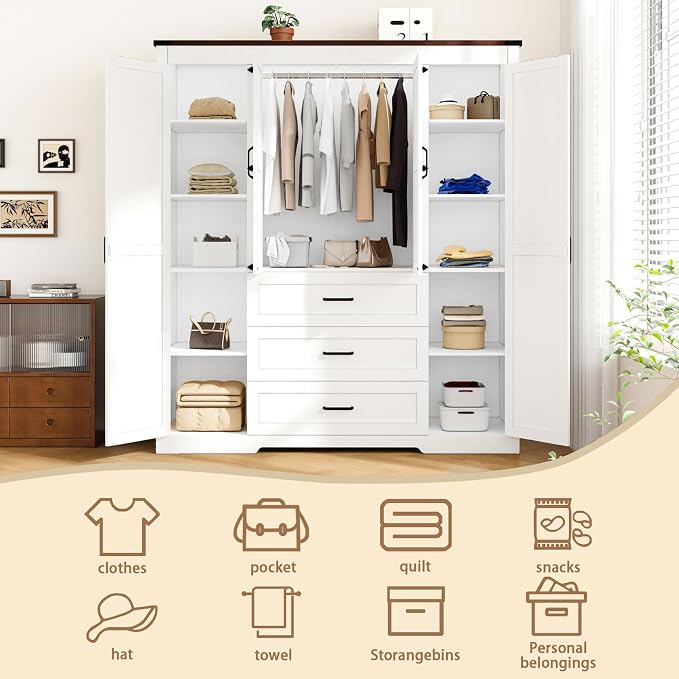 70" Tall Armoire Wardrobe Closet with 4 Doors & 3 Drawers, Farmhouse Bedroom Storage Cabinet with Hanging Rod, Freestanding Wooden Armoire Wardrobe Closet, White