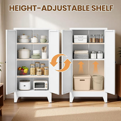 Metal Pantry Cabinet, 47" Kitchen Pantry Cabinet with 2 Doors and 3 Adjustable Shelves, White Steel Storage Cupboard for Dining, Office, Living Room, Bathroom