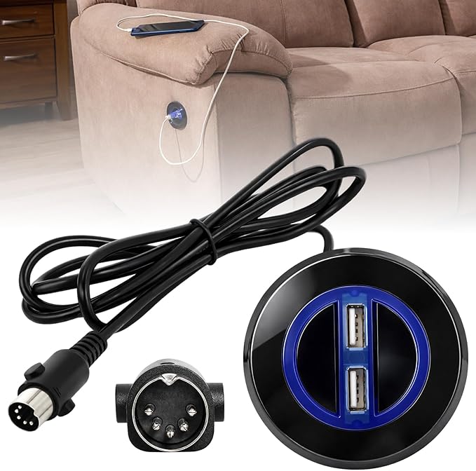 Power Recliner Switch Replacement with Dual USB Ports, 2 Button 5 Pin Round Hand Control, 1.8M Power Recliner Remote Compatible with Ashley Okin Limoss Lane KDPT Kaidi Lift Chair Recliner Sofa