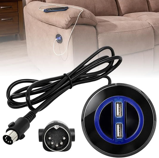 Power Recliner Switch Replacement with Dual USB Ports, 2 Button 5 Pin Round Hand Control, 1.8M Power Recliner Remote Compatible with Ashley Okin Limoss Lane KDPT Kaidi Lift Chair Recliner Sofa