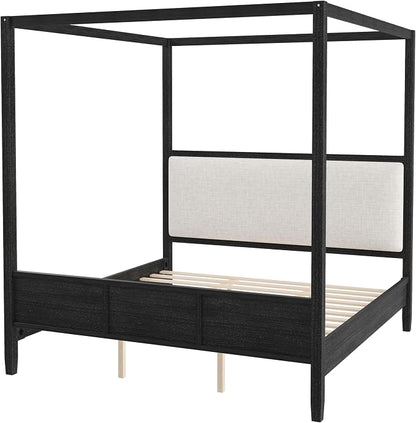 Merax Queen Size Canopy Bed with Upholstered Headboard, Wooden Platform Bed Frame with 4-Posters, Solid Wood Slat Support, No Box Spring Needed