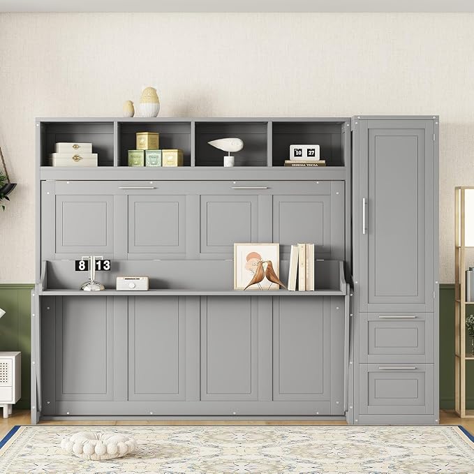 Virubi Full Murphy Bed with Wardrobe Closet,2 Drawer,4 Storage Open Shelves,Wood Folding Murphy Wall Bed Cabinet with Storage, Easy Assembly (Grey,Queen)