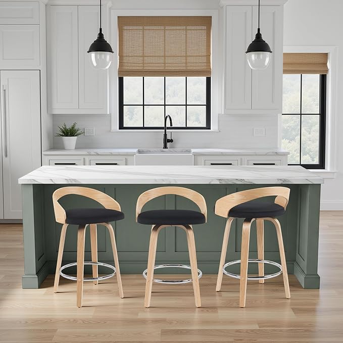 Armen Living Sonia Modern Swivel Counter Height Bar Stool with Black Upholstered Seat and Patterned Oak Wood Finish