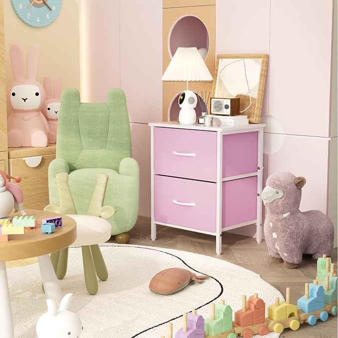 Stero Nightstand Set of 2, Kids Dresser with 2 Drawers, Steel Frame Bedside Furniture, Wood Top Fabric Night Stand, Colorful End Table for Home, Bedroom, Office, Pink
