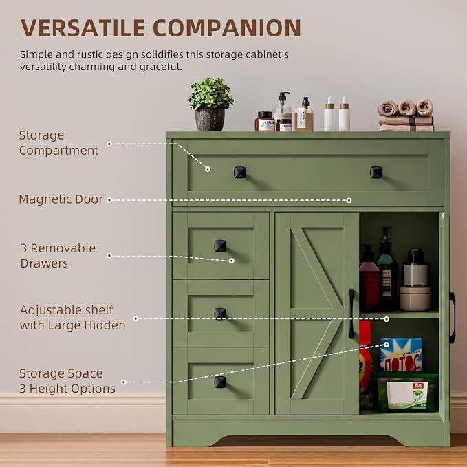 Vabches Farmhouse Storage Cabinet with 2 Doors and 4 Drawers, Freestanding Bathroom Storage Cabinet Kitchen Pantry, Floor Hutch Cupboard for Bathroom/Living Room/Kitchen.Green