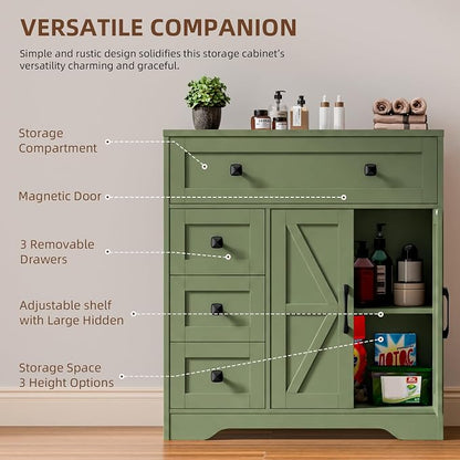 Vabches Farmhouse Storage Cabinet with 2 Doors and 4 Drawers, Freestanding Bathroom Storage Cabinet Kitchen Pantry, Floor Hutch Cupboard for Bathroom/Living Room/Kitchen.Green