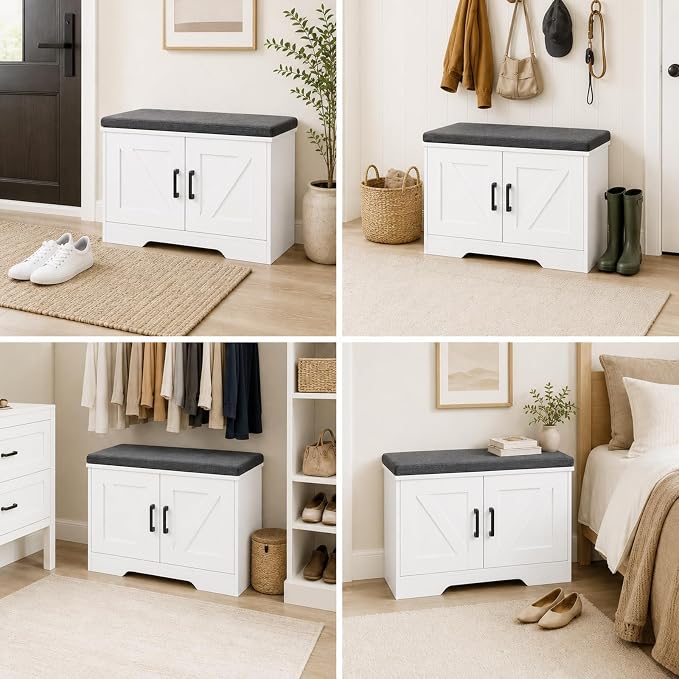 DUMOS 28" Shoe Storage Bench, Entryway Shoe Organizer Cabinet with Padded Seat Cushion, Adjustable Shelf and 2 Doors, Compact Storage Bench for Small Spaces, Hallway, Bedroom, Living Room, White