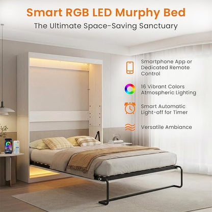 CECER Queen Vertical Murphy Wall Bed，Space Saving for Offices/Guest-White | Durable Gas-Lift for smooth folding，16 Color Controllable LED Lights，Sturdy frame ＆ Easy Assemble