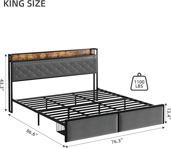 GarveeHome King Bed Frame with 2 Storage Drawers, LED Bed Frame with 2-Tier Storage Headboard&Charging Station, Metal Platform Bed Frame, No Box Spring Needed, Noise Free, Grey