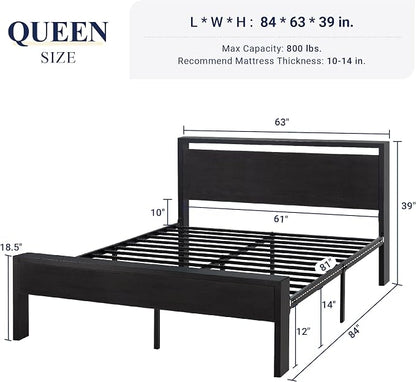 Allewie Queen Size Platform Bed Frame with Wooden Headboard and Footboard, Heavy Duty 12 Metal Slats Support, No Box Spring Needed, Under-Bed Storage, Noise Free, Easy Assembly, Black Oak
