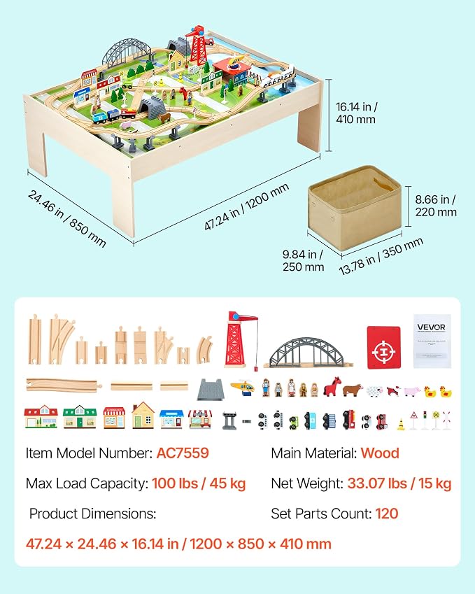 VEVOR Train Table, 120 Multicolor Pieces Wooden Kids Activity Table with Collapsible Storage Bin, 3-in-1 Wooden Train Set for Gaming, Drawing, Reading, Eating, Creative Toy Set for Kids Ages 3+