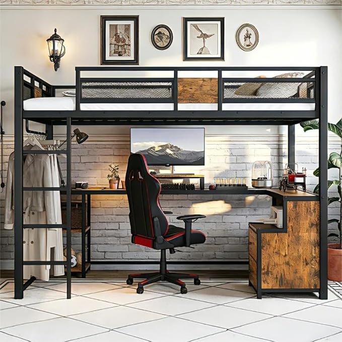 Bellemave Twin XL Loft Bed with Desk & Storage Fabric Drawers & Shelves, Metal Loft Bed Twin Size for Adults & Teens, Twin Loft Bed Frame for Apartments & Dorm, No Box Spring Needed, Black