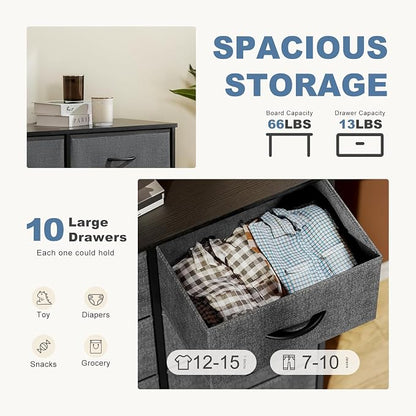 DUMOS 10 Drawer Dresser for Bedroom, Storage Organizer Chest of Drawers | Wide Fabric Closet Organizer Tower Furniture with Wooden Top Metal Frame, Dorm, Grey