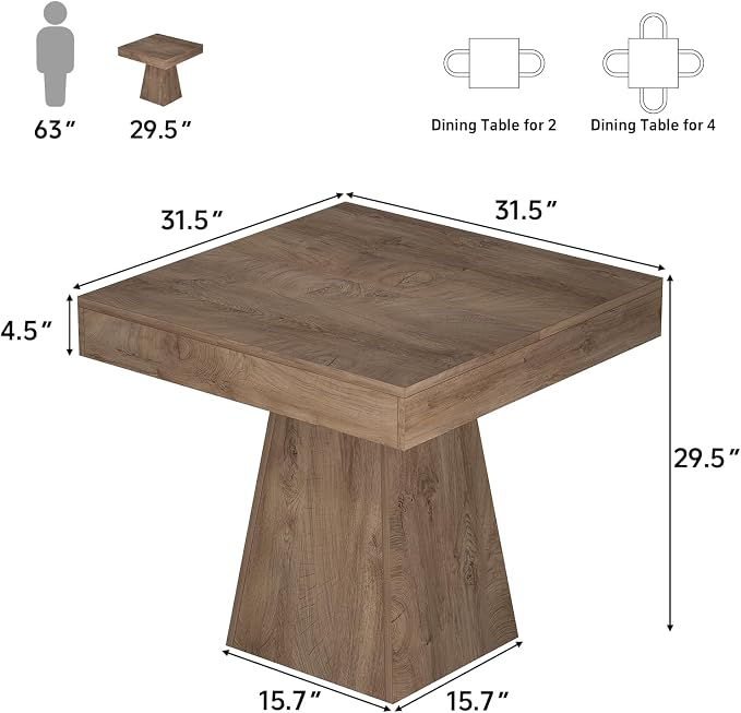 Small Dining Table, 31.5-inch Dinner Table for 2-4 People, Square Kitchen Table with Load-Bearing Trapezoidal Base, for Home, Dining Room, Small Space, Brown