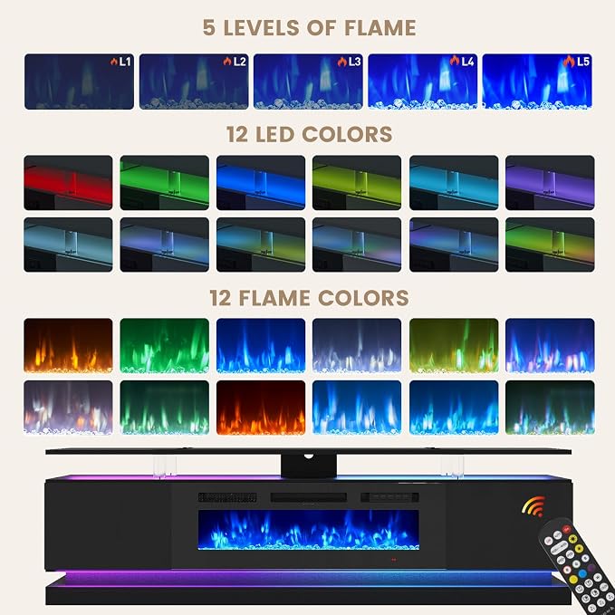 70" Fireplace TV Stand, Modern Entertainment Center for TVs Up to 80", TV Console with Storage Cabinets, Media Console for Living Room, 70IN Glossy Black TV Stand and 36IN Black Fireplace