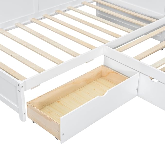 Bellemave L Shaped Corner Bed for 2 Kids, Double Twin Platform BedFrame with Trundle and 5 Storage Shelves, Charging Station, White