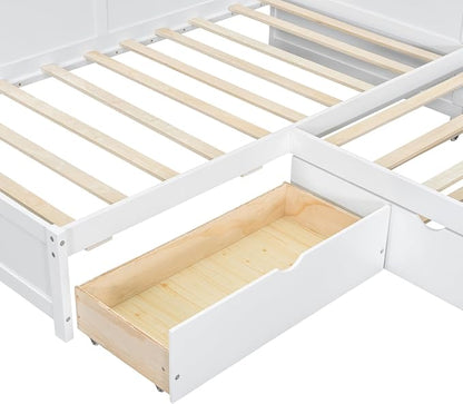 Bellemave L Shaped Corner Bed for 2 Kids, Double Twin Platform BedFrame with Trundle and 5 Storage Shelves, Charging Station, White