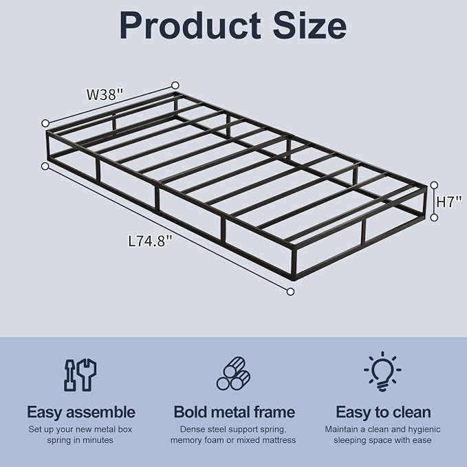 Twin Box Spring, Heavy Duty Metal Frame Mattress Foundation with Fabric Cover, Easy Assembly, Noise-Free (7 Inch, Twin)