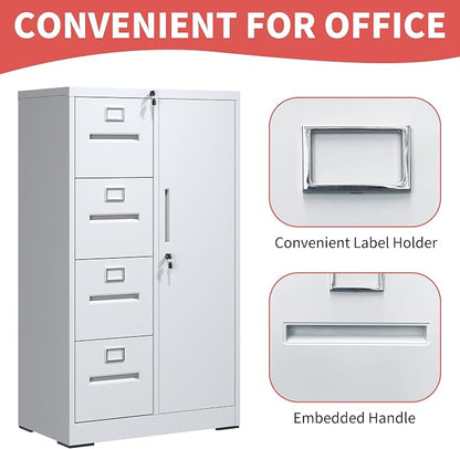 IKIMI Locking File Cabinet with 4 Drawers and 1 Door,White Metal Storage Locker Cabinets for Employees,Home Office Filing Cabinets for Legal/Letter Size Files, Assembly Required