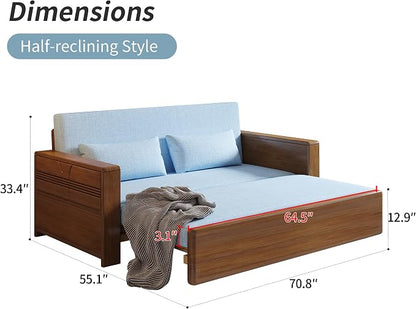 71" Queen Convertible Sofa Sleeper, 3-in-1 Sectional Sofa Bed with Reversible Chaise, Blue Cushions,Solid Wood Frame, Pull Out Couch for Living Room Apartment Bedroom Office
