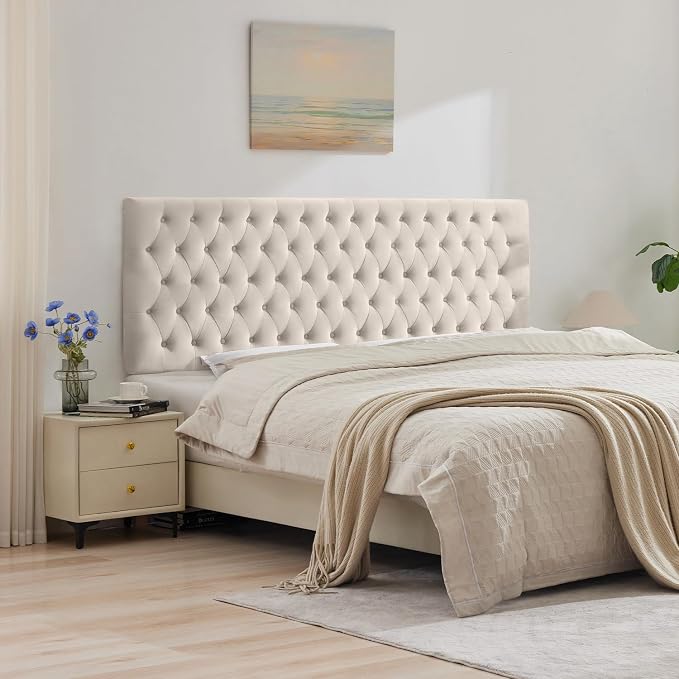 Upholstered Queen Headboard Only, Premium Velvet Button Tufted Headboards, Adjustable Solid Wood Head Board, Padded Headboard with Solid Wood Legs in Bedroom (Beige)