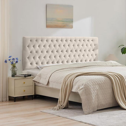 Upholstered Queen Headboard Only, Premium Velvet Button Tufted Headboards, Adjustable Solid Wood Head Board, Padded Headboard with Solid Wood Legs in Bedroom (Beige)