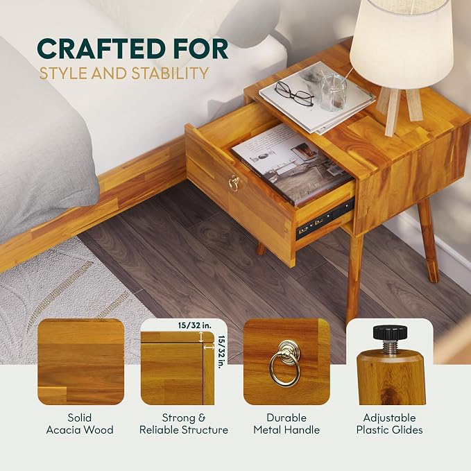 Bme Alden Solid Wood Nightstand/Side Table/End Table, Fully Assembled, with 1-Drawer for Mid Century Bedroom and Living Room, (12mm), Caramel