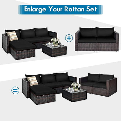 Tangkula 2 Seat Outdoor Wicker Loveseat Sofa Set, Modular PE Rattan 2 Pieces Outdoor Wicker Corner Sofa, Outside Furniture Set for Deck, Backyard, Porch, Garden & Poolside, Black