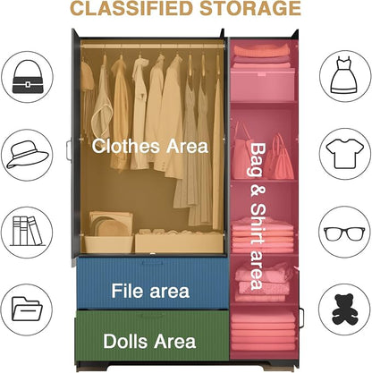 Black Fluted Wardrobe Closet with Mirror and Light, 3-Door Armoire Wardrobe with 2 Drawers, Hanging Rod, Shelves, Freestanding Bedroom Storage Cabinet