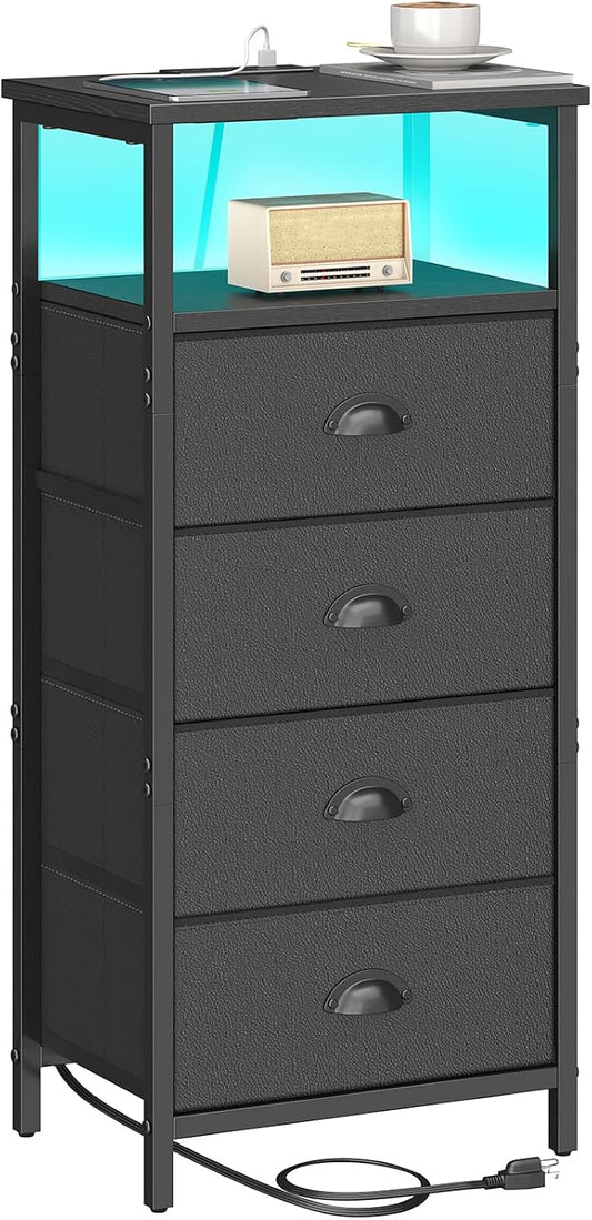 sthmec Nightstand with Charging Station,LED Black Nightstand with 4 Fabric Drawers PU Finish, Bedside End Tables, 2-Tier Open Storage Shelf Side Table Nightstand with Drawers for Bedroom,Black
