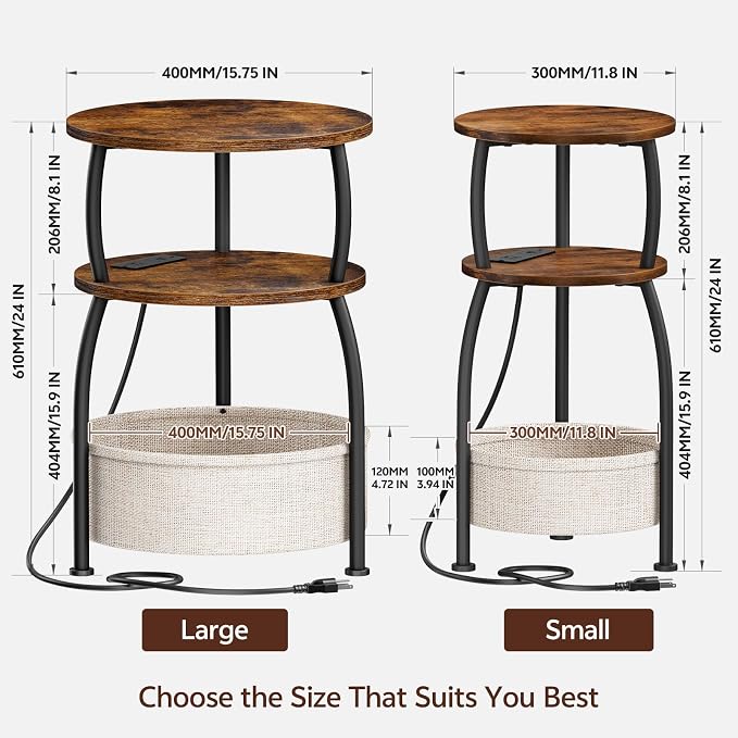 Round Side Table with Charging Station, USB Type C Port, Brown | Small Table with Basket, 3 Tiers Sofa Couch Table, Bedside Table for Living Room Bedroom, Garden,Small Spaces, 15.75in