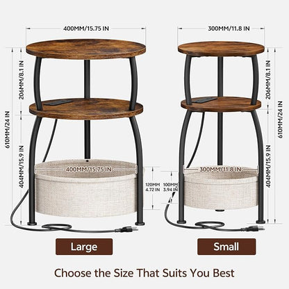 Round Side Table with Charging Station, USB Type C Port, Brown | Small Table with Basket, 3 Tiers Sofa Couch Table, Bedside Table for Living Room Bedroom, Garden,Small Spaces, 15.75in
