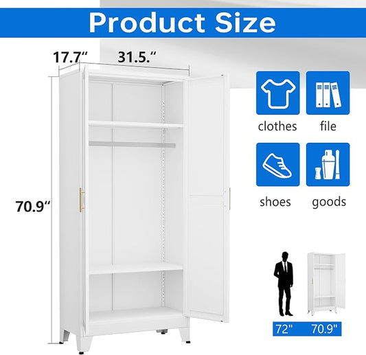 PAOFIN 71" Metal Armoire Wardrobe Closet, Bedroom Clothing Storage Cabinet with Hanging Rod, Freestanding White Armoire Cabinet with Adjustable Shelves
