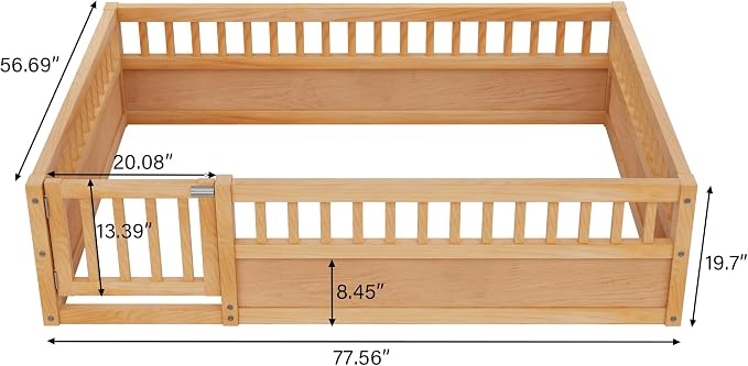 PVWIIK Full Size Floor Bed Frame with Convertible Door & Guardrails for Girls & Boys Bedroom,Montessori Bed/Near Ground Safety Design, No Box Spring Needed,Natural