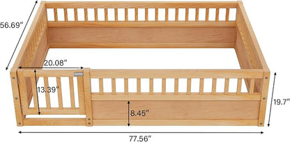 PVWIIK Full Size Floor Bed Frame with Convertible Door & Guardrails for Girls & Boys Bedroom,Montessori Bed/Near Ground Safety Design, No Box Spring Needed,Natural