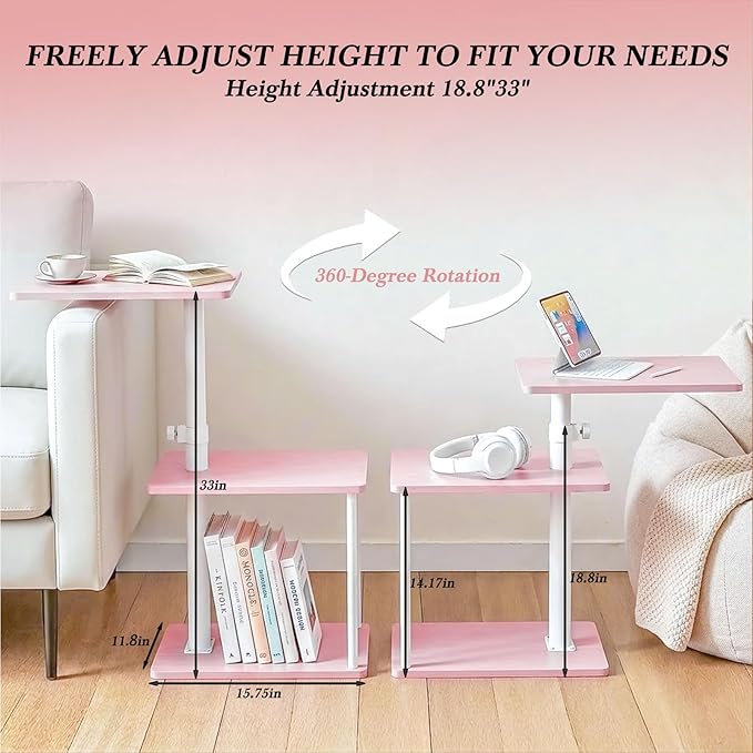 Faesun Swivel Side Table for Couch Arm, Adjustable C End Table for Recliner or Bed, Tv Trays with Storage Shelf for Small Spaces Small Nightstand Table for Living Room, Bedroom，Pink